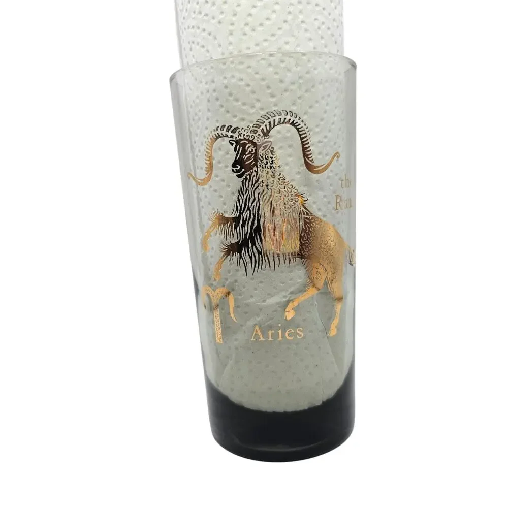 Vintage Federal Glass Aries Zodiac Highball Tumbler Smoked Grey Gold Ram MCM